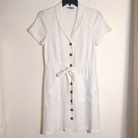 ModCloth Women's Linen Blend Enthralled Again Ivory Shirt Dress Size M EUC - Picture 2 of 11